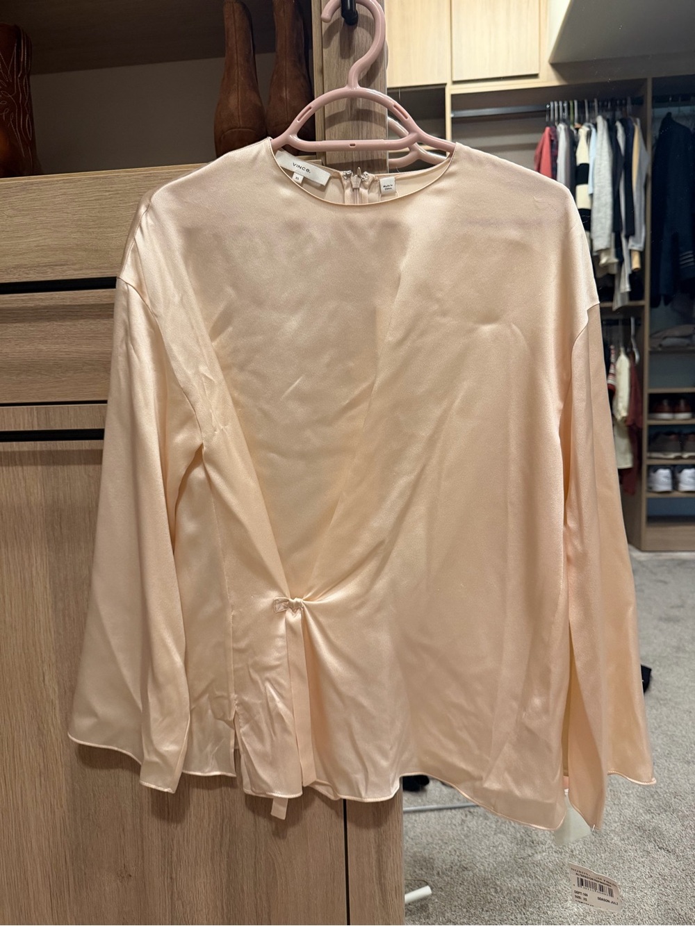Vince Pale Peach Satin Twist-Detail Long Sleeve Blouse